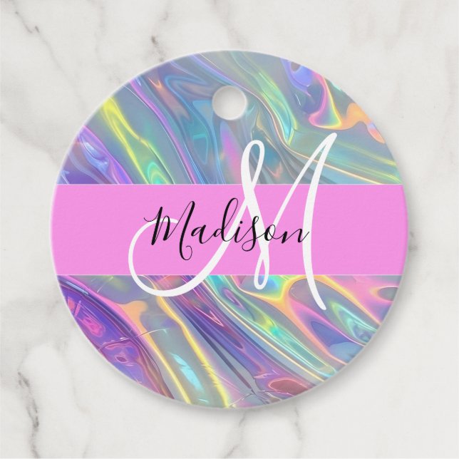 Étiquettes Cadeau Girl Rainbow Holographic Iridescente Monogramme No (Devant)