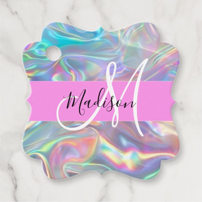 Étiquettes Cadeau Girl Rainbow Holographic Iridescente Monogramme No (Devant)