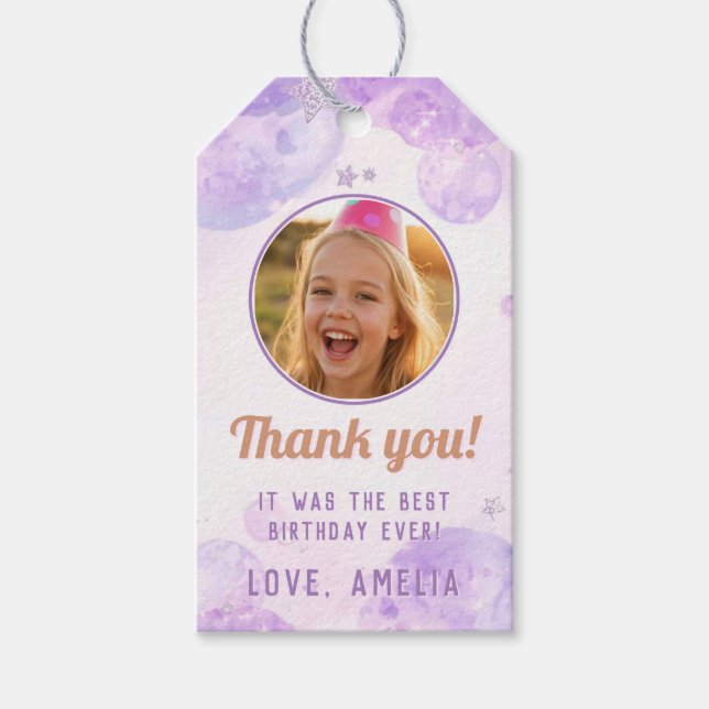 Étiquettes-cadeau Girls Purple Bubbles Photo Birthday Thank You (Devant)