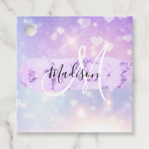 Étiquettes Cadeau Girly Sparkly Unicorn Rainbow Hearts Monogramme