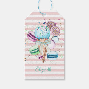 Étiquettes-cadeau Glace à l'aquarelle, Macarons, Rayures roses