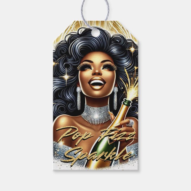 Étiquettes-cadeau Glam African American Woman Anniversaire/NYE (Devant)