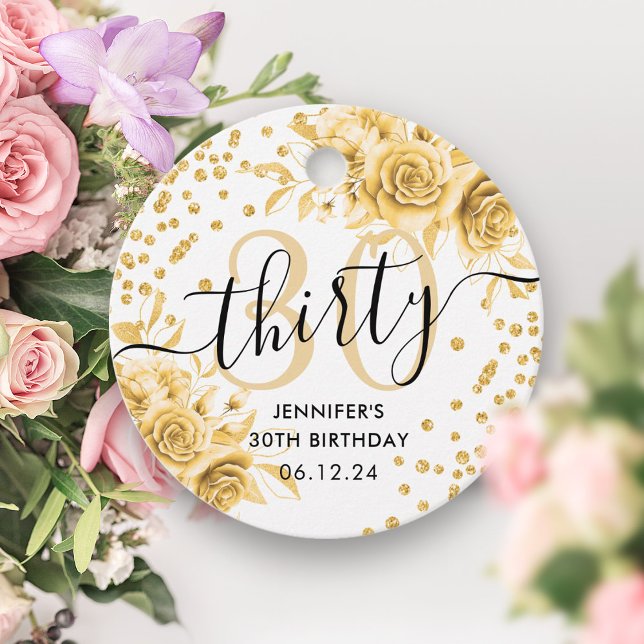 Étiquettes Cadeau Glam Gold Floral Parties scintillant 30e Anniversa (Glam Gold Floral Glitter 30th Birthday Script Favor Tags)