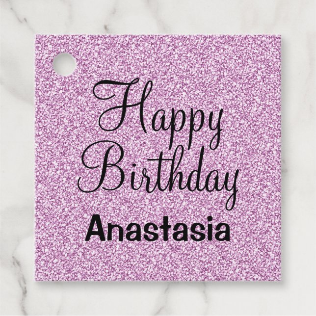 Étiquettes Cadeau Glam Happy Birthday Purple Parties scintillant Nom (Devant)