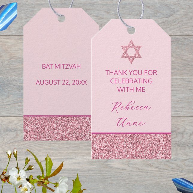 Étiquettes-cadeau Glam Pink migte Parti Bat mitzvah Merci (Custom pink faux glitter favor tags make great hang tags for your Bat Mitzvah party favors)