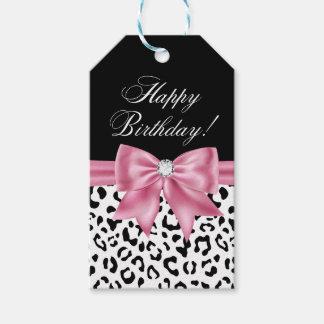 Étiquettes-cadeau Glam rose Bow Diamond Black Leopard Joyeux Anniver