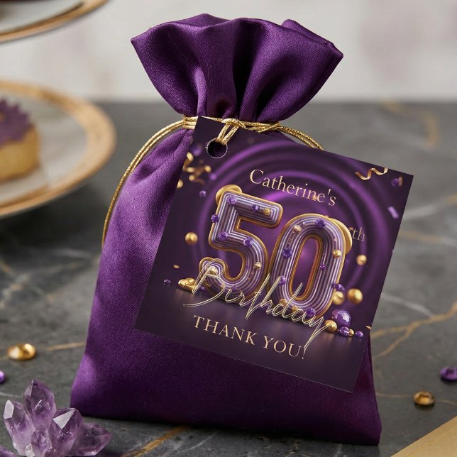 Étiquettes Cadeau Glamorous Purple and Gold 50th Birthday Thank You (Créateur téléchargé)