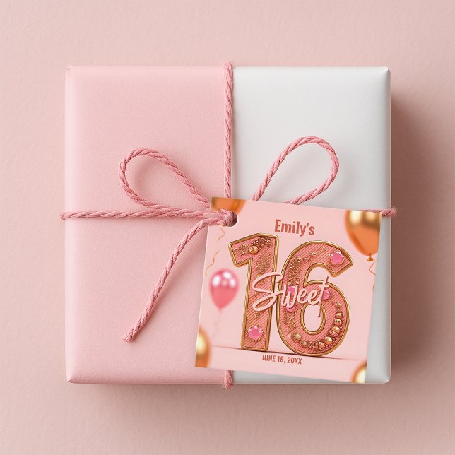 Étiquettes Cadeau Glitzy Rose Gold et Blush rose Gemstone Sweet 16 (Créateur téléchargé)