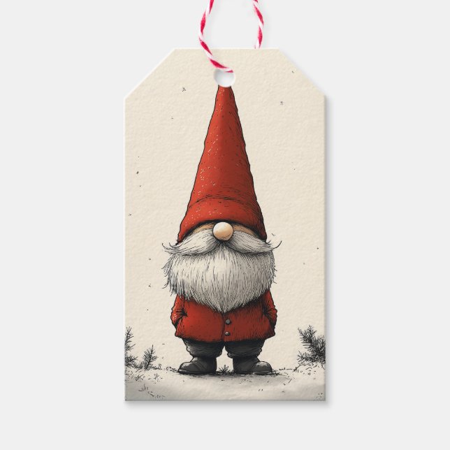 Étiquettes-cadeau Gnome d'hiver joyeux en Casquette rouge (Devant)