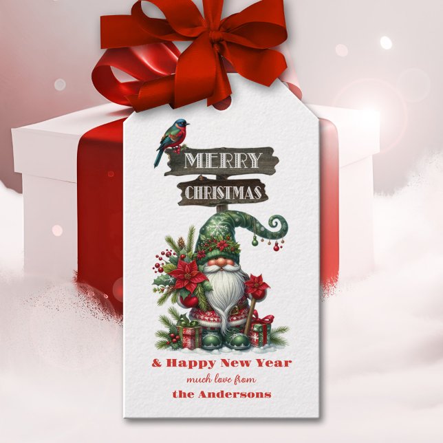 Étiquettes-cadeau Gnome mignonne Joyeux Noël (Cute Christmas gift tag showing an illustration of a festive gnome with colorful bird and poinsettia)