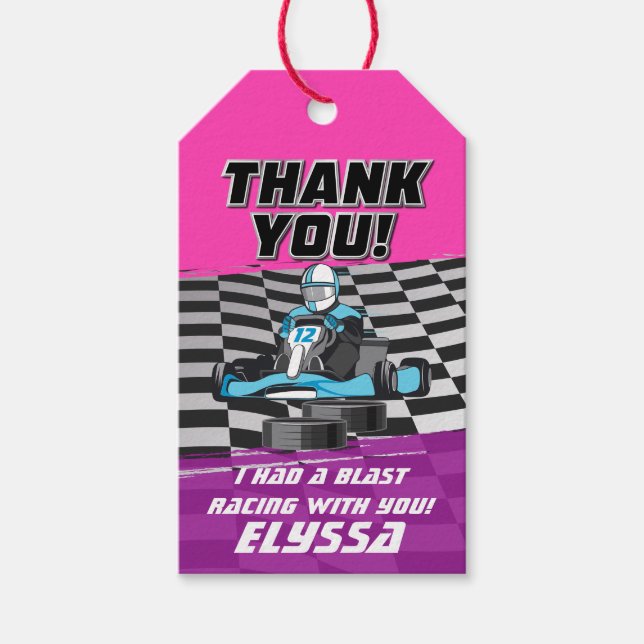 Étiquettes-cadeau Go Kart Racing Voiture Girls Fête d'anniversaire (Devant)