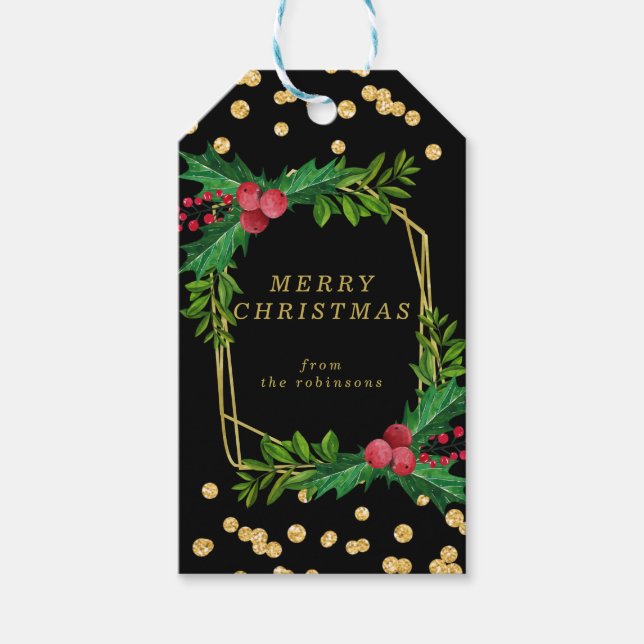 Étiquettes-cadeau Gold Black Family Joyeux Noël Holly Parties scinti (Devant)