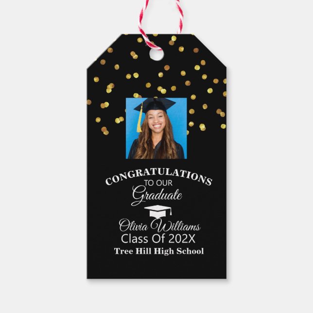 Étiquettes-cadeau Gold Confetti Graduate Photo Party (Devant)