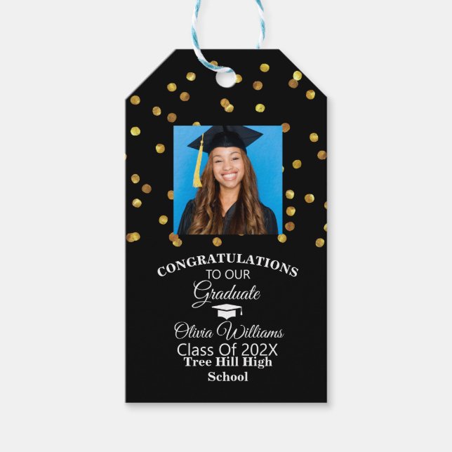 Étiquettes-cadeau Gold Confetti Graduate Photo Party (Devant)