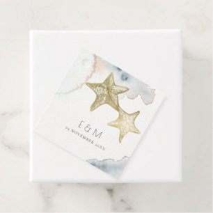 ÉTIQUETTES CADEAU GOLD DUSKY BLUE BEACHING STARFISH MONOGRAM MARIAGE