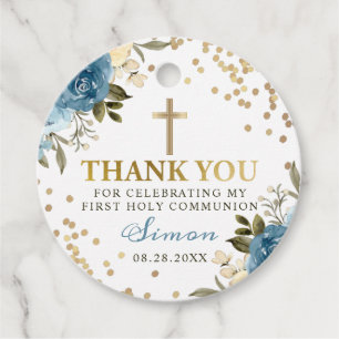 Étiquettes Cadeau Gold Dusky Blue Floral Premier Merci Communion