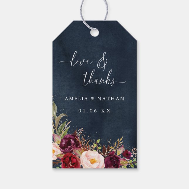 Étiquettes-cadeau Gold Dust Burgundy Marine Floral Mariage (Devant)