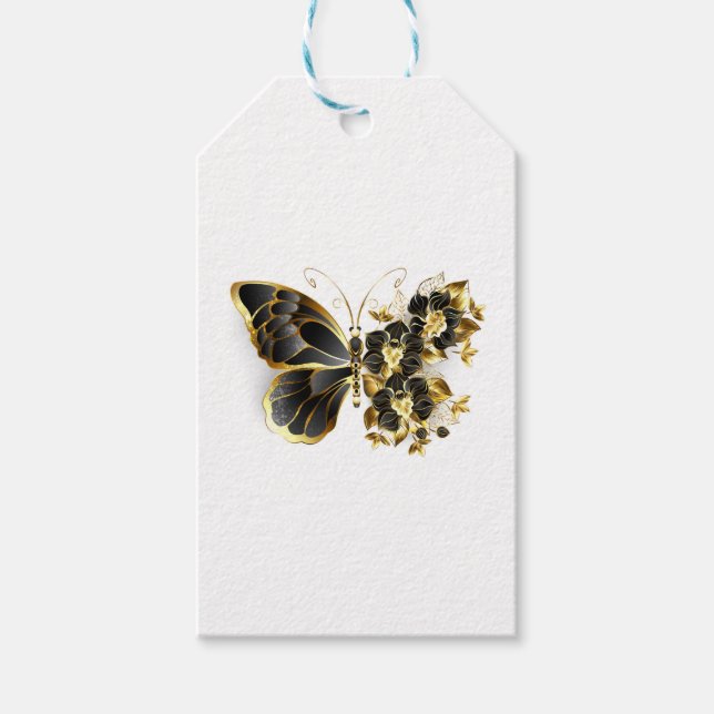 Étiquettes-cadeau Gold flower Butterfly with Black Orchid (Devant)