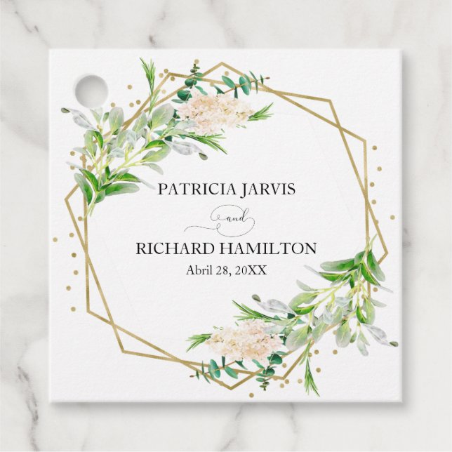 Étiquettes Cadeau Gold Foil Géométrique Verdure Mariage élégant (Devant)