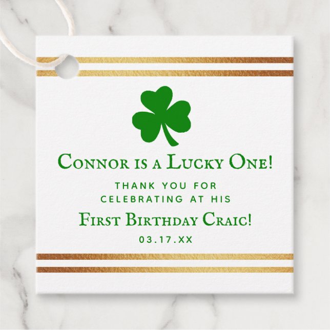 Étiquettes Cadeau Gold Foil St. Patrick's Day 1er anniversaire (Devant)