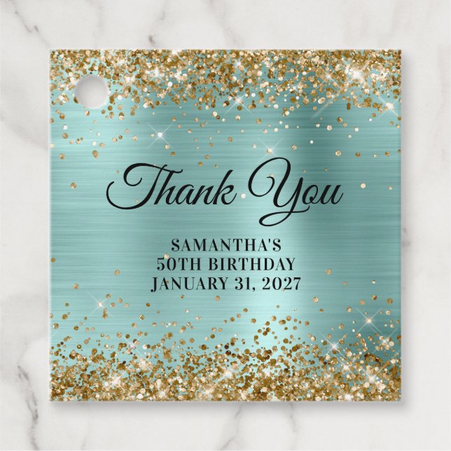 Étiquettes Cadeau Gold Glitter Pale Turqoise 50th Birthday Thank You (Devant)