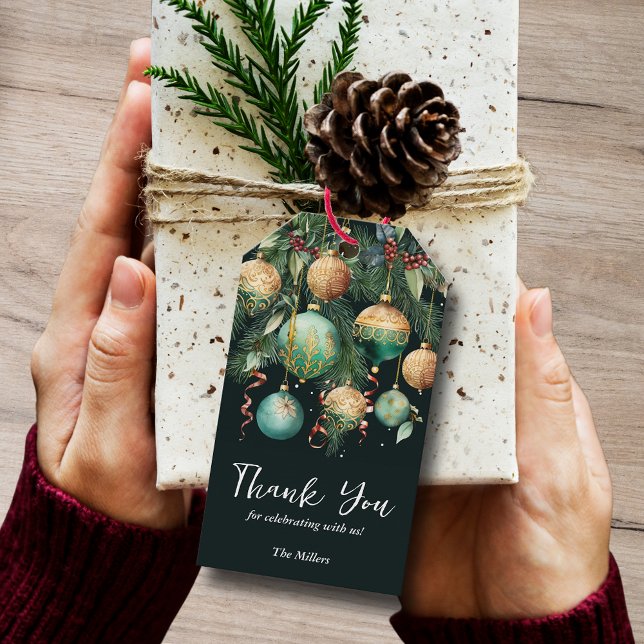 Étiquettes-cadeau Gold Green Christmas Tree Ornaments Favor (Gold and green Christmas tree ornaments holiday thank you favor gift tags)