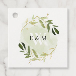 ÉTIQUETTES CADEAU GOLD GREEN FOLIAGE WATERCOLOR WREATH WEDDING