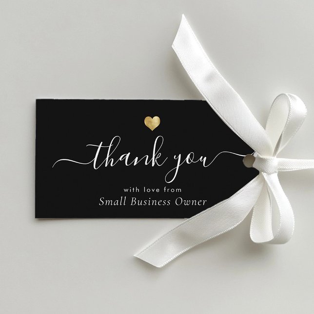 Étiquettes-cadeau Gold Heart Moderne Calligraphie Script Business (A black thank you card with elegant white script and a small gold heart, tied with a white ribbon.)
