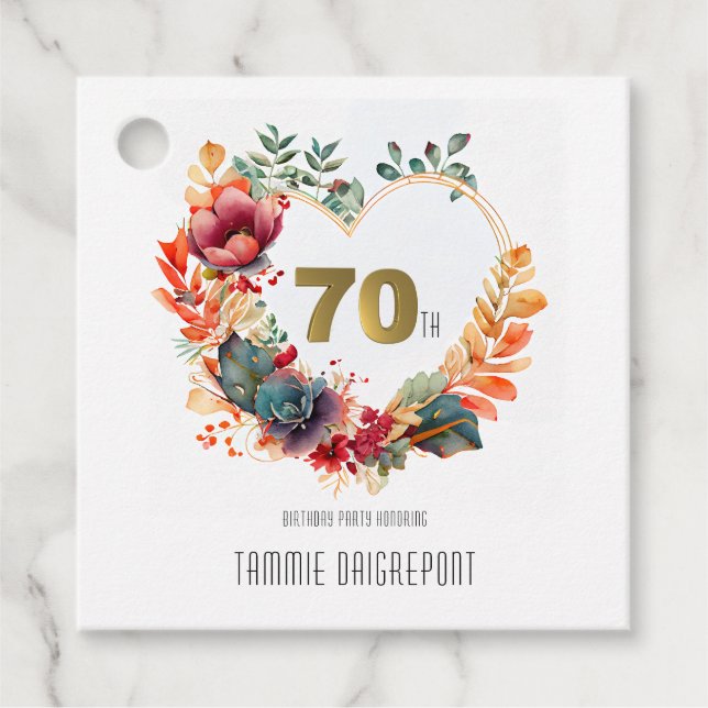 Étiquettes Cadeau Gold Heart Shape Peony Flower 70th Birthday Party (Devant)