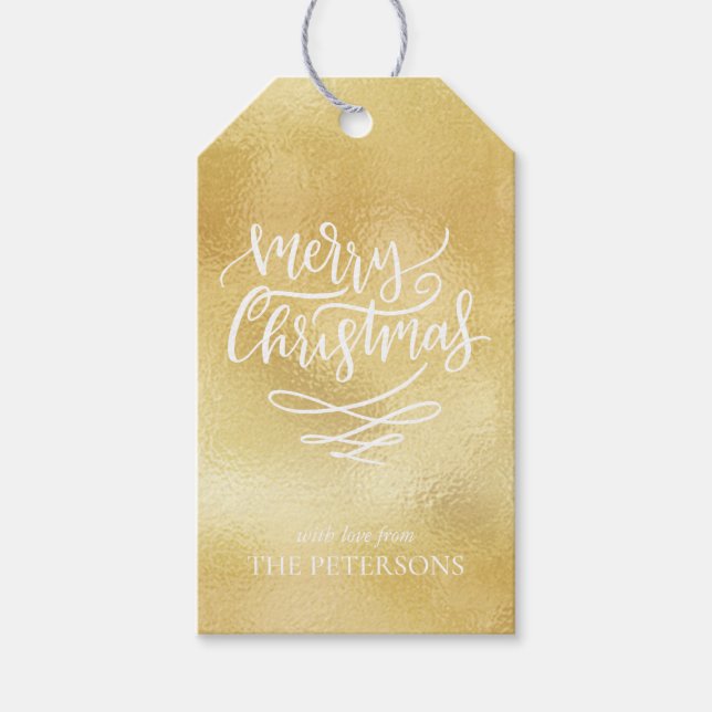Étiquettes-cadeau Gold Joyeux Noël Script Arbres de Noël (Devant)