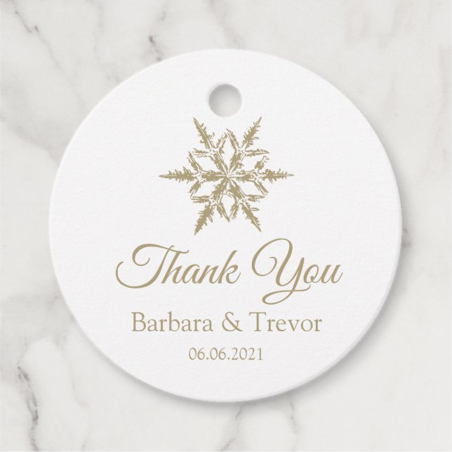 Étiquettes Cadeau Gold Noël Snowflakes Hiver Mariage Merci (Devant)