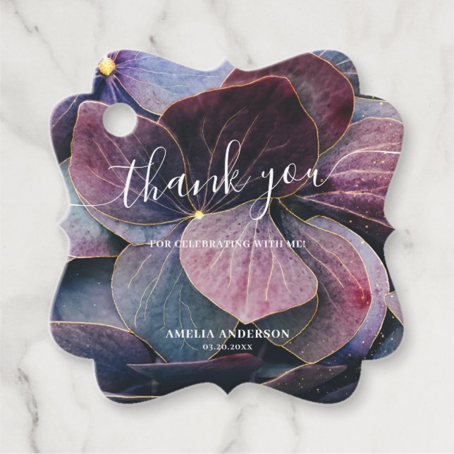Étiquettes Cadeau Gold Purple Blue Hydrangea 18e anniversaire Merci (Devant)