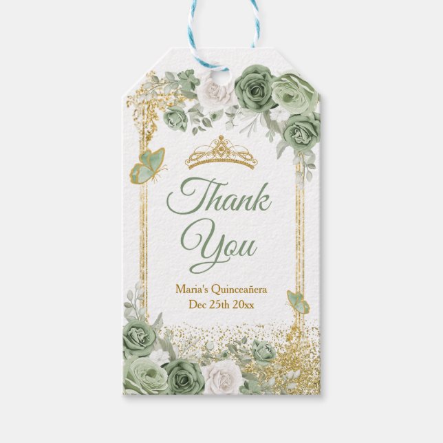 Étiquettes-cadeau Gold Quinceañera Sage Merci de la Couronne verte (Devant)