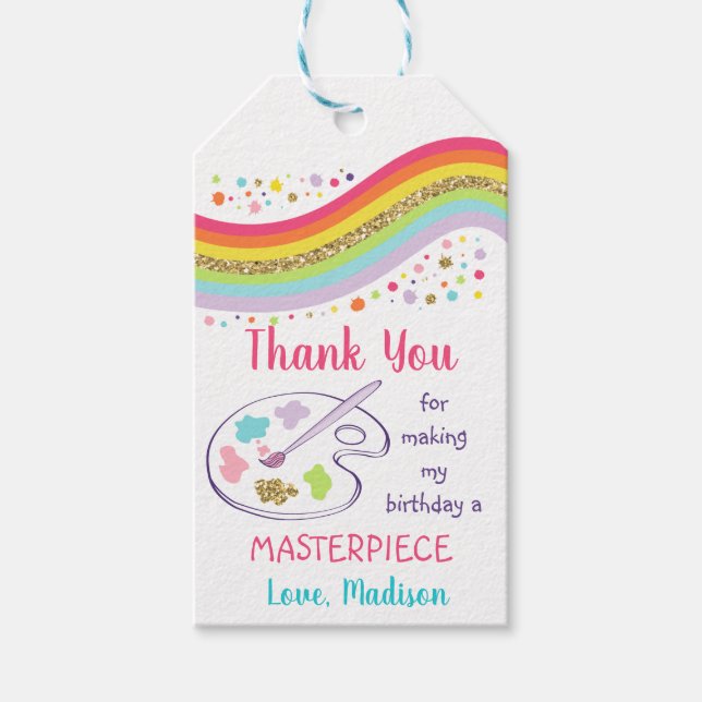 Étiquettes-cadeau Gold Rainbow Art Party Anniversaire Merci (Devant)