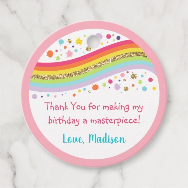 Étiquettes Cadeau Gold Rainbow Art Party Anniversaire Merci (Devant)