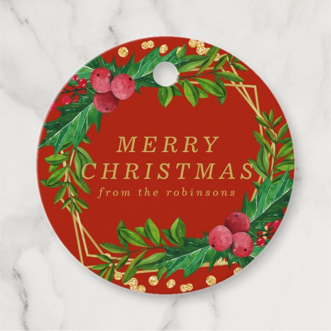 Étiquettes Cadeau Gold Red Family Joyeux Noël Holly Parties scintill (Devant)