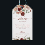 Étiquettes-cadeau Gold Rustic Coloré Mariage Floral Bienvenue<br><div class="desc">Ces étiquettes-cadeaux de bienvenue aux mariages fleuris et dorés sont parfaites pour un mariage simple. Le design est composé de marsala peinte à la main, de rose, de rougeur, de bordeaux et de fleurs dorées avec des feuilles verts disposés en de belles couronnes. Ces étiquettes sont parfaites pour les sacs...</div>