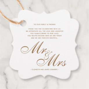 Étiquettes Cadeau Gold Script Mr et Mme Mariage Merci Message