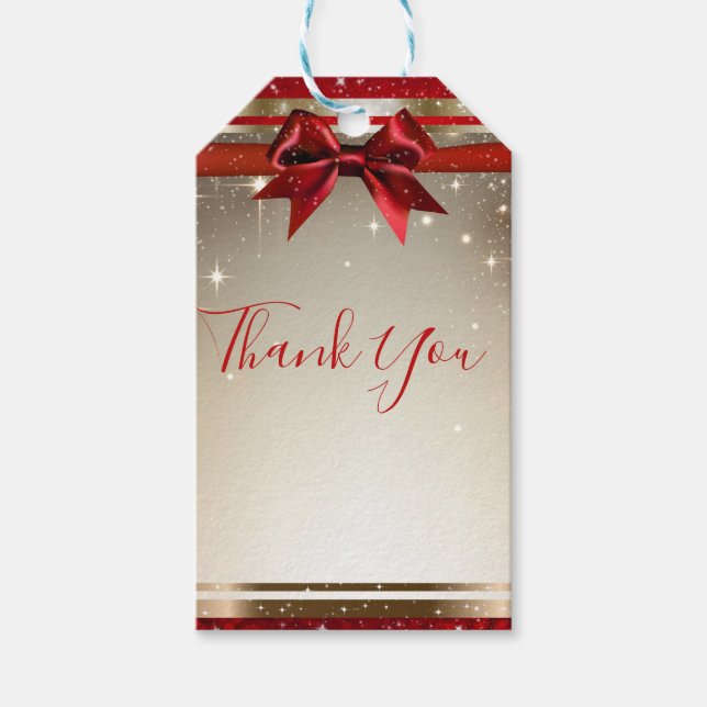 Étiquettes-cadeau Gold Sparkle Red Bow Chic Soirée de vacances éléga (Devant)