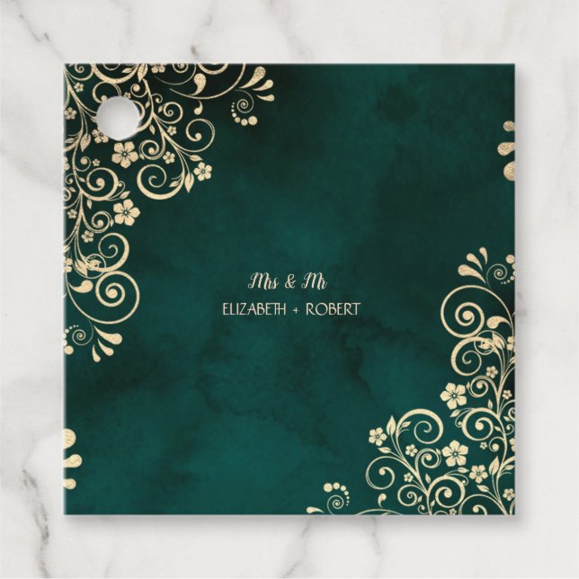Étiquettes Cadeau Gold Swirls Emerald Green Wedding  (Devant)