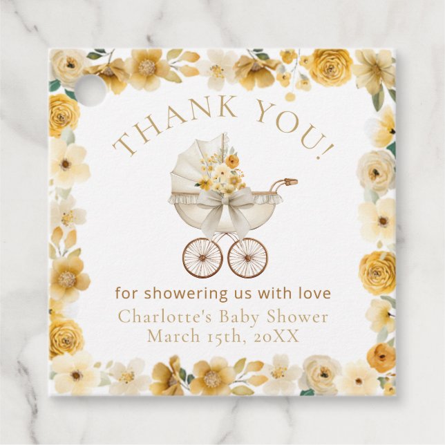 Étiquettes Cadeau Golden Floral Carriage Thank You | Baby Shower (Devant)