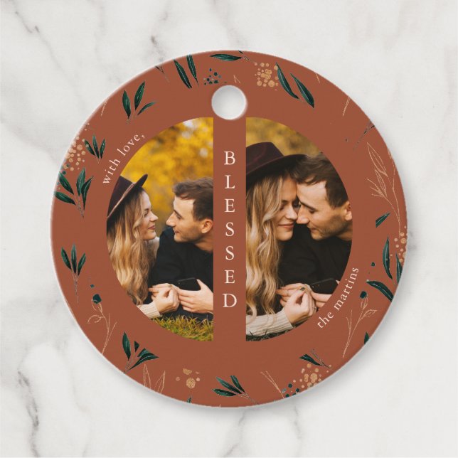 Étiquettes Cadeau Golden Green Terracotta Photo Noël (Devant)