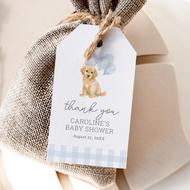 Étiquettes-cadeau Golden Retriever Gingham Bleu Baby Shower (Créateur téléchargé)