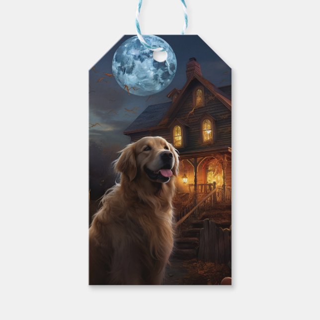 Étiquettes-cadeau Golden Retriever Halloween effroi (Devant)