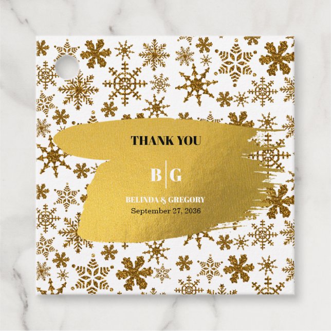 Étiquettes Cadeau Golden Snowflakes Festive Mariage de Noël (Devant)