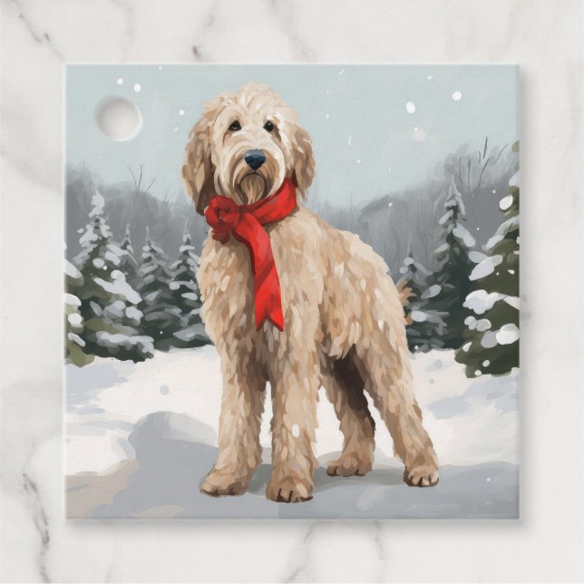 Étiquettes Cadeau Goldendoodle Chien dans Noël de neige (Devant)