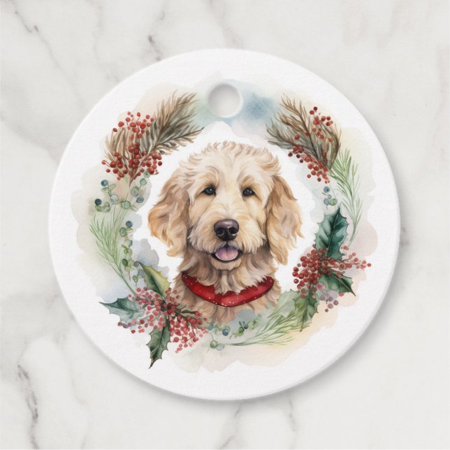 Étiquettes Cadeau Goldendoodle Christmas Wreath Festive Pup (Devant)