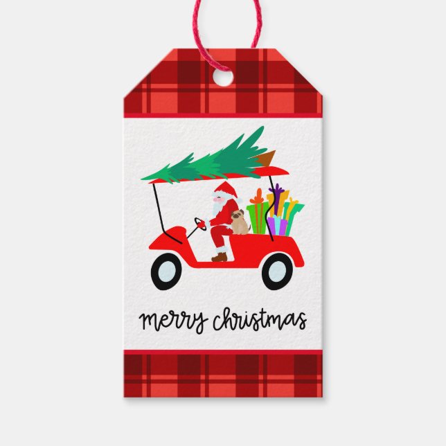 Étiquettes-cadeau Golf Joyeux Noël avec Père Noël équitation voiture (Devant)