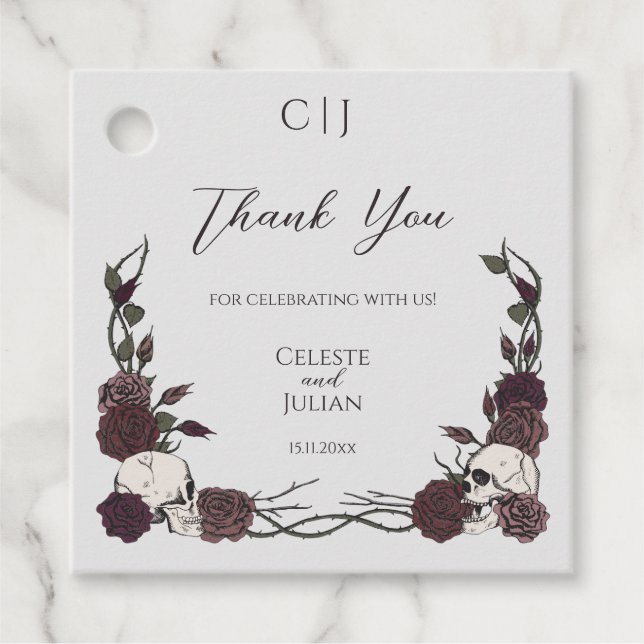 Étiquettes Cadeau Gothic Monogram Skull & Rose Wedding Thank You (Devant)