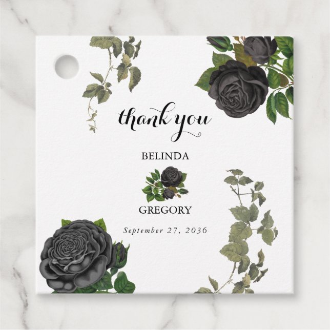 Étiquettes Cadeau Gothique Halloween Rose noir Mariage blanc (Devant)
